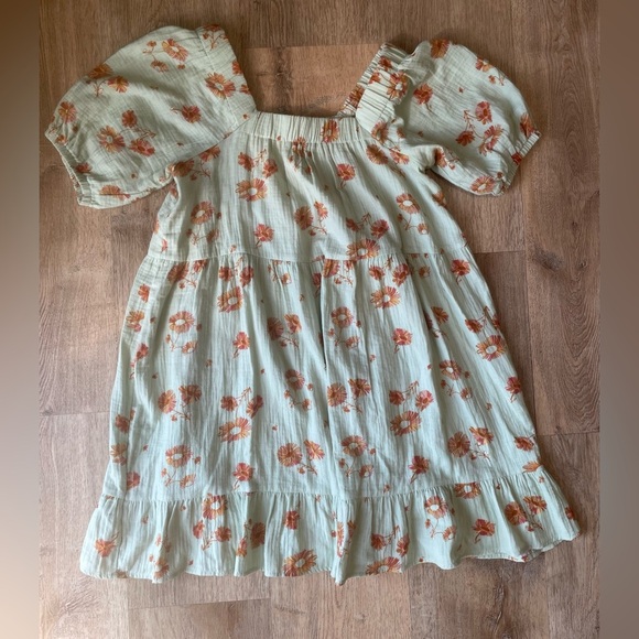 Wonderly Floral Puff Sleeve Mini Dress Green Orange Daisy Cotton Cottagecore PS - Picture 2 of 4